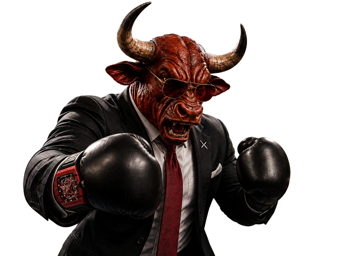 The XRP Bull ready to fight — mascot in a suit with boxing gloves