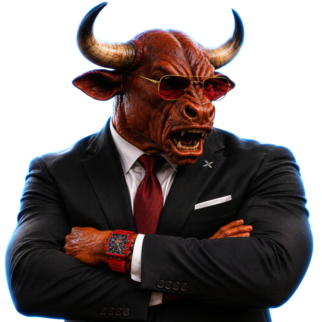 XRP Bull mascot in a tailored suit with a blue neon glow